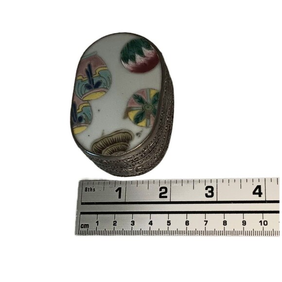 VTG Chinese Porcelain Shard Trinket Box Silver Plated Pastel Pink Blue Yellow - Picture 9 of 11